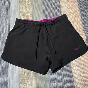Women’s Nike Dri Fit Black Lined Running Shorts Sz S Pink Roll Down Waist